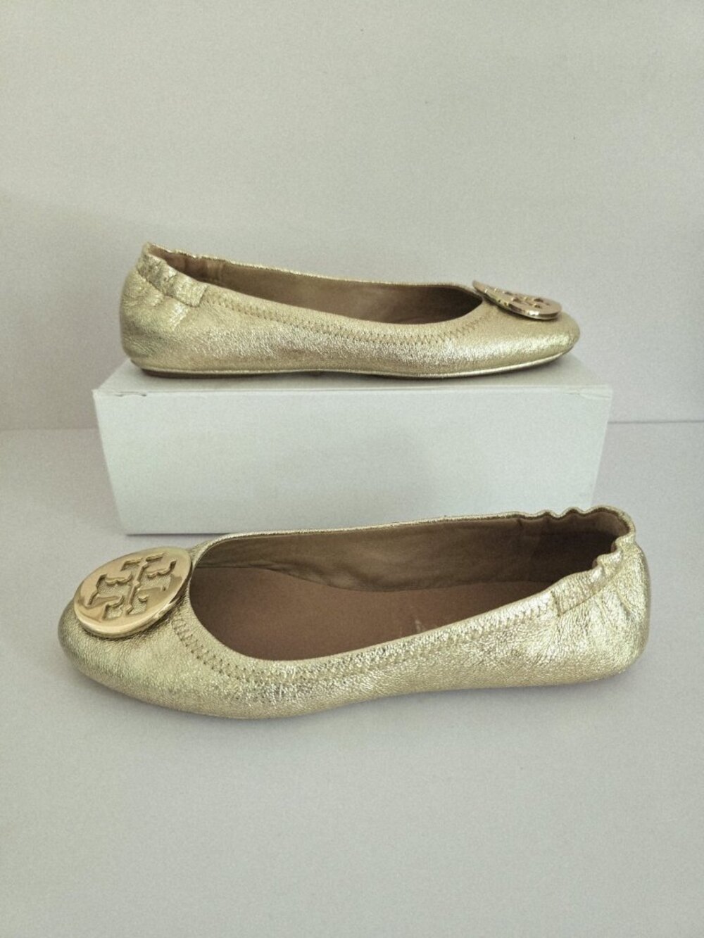 Tory Burch Minnie Travel Ballet Flats 6 Metallic Gold Slip On Leather Shoes